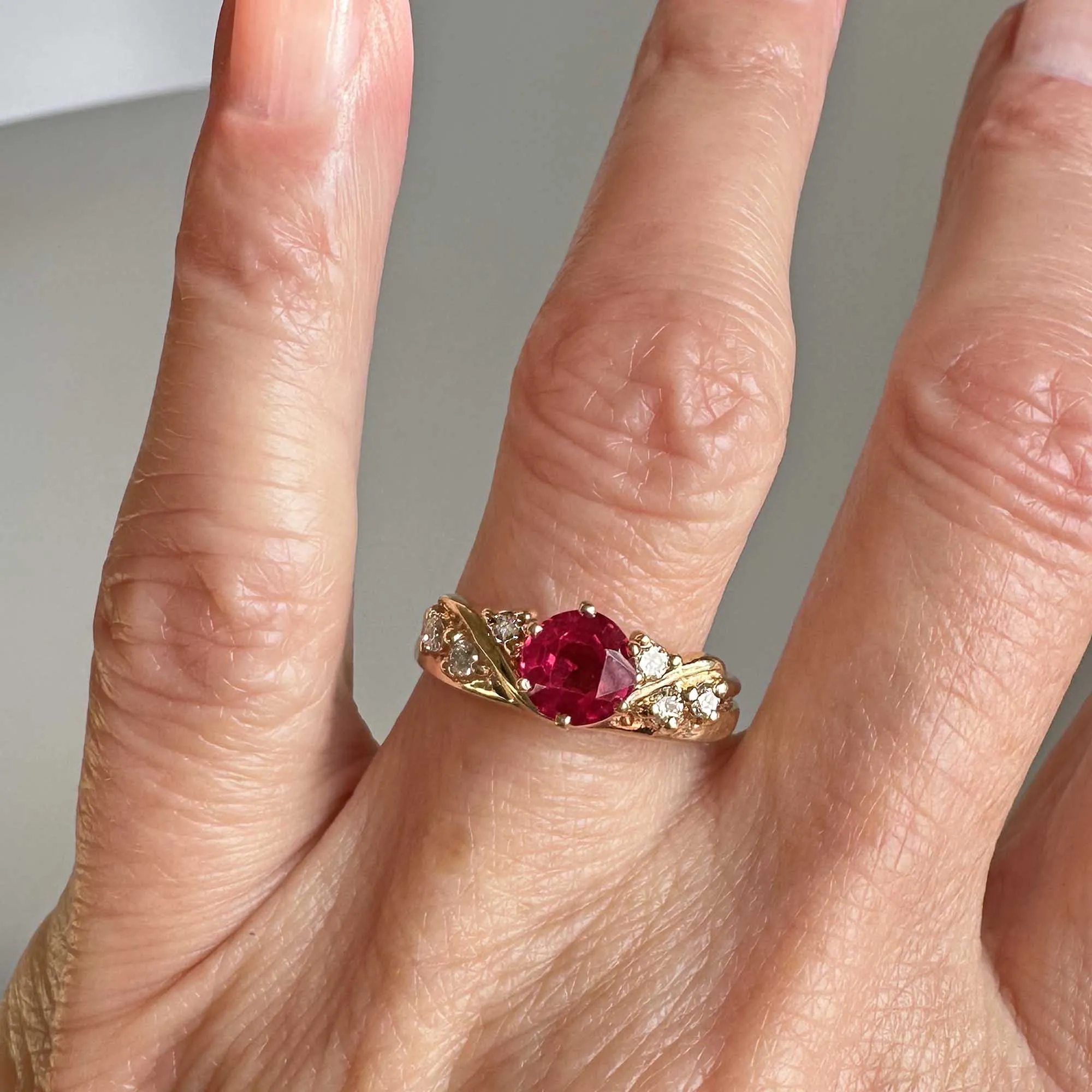 Vintage Ruby Solitaire Diamond Jacket Ring in 14K Gold