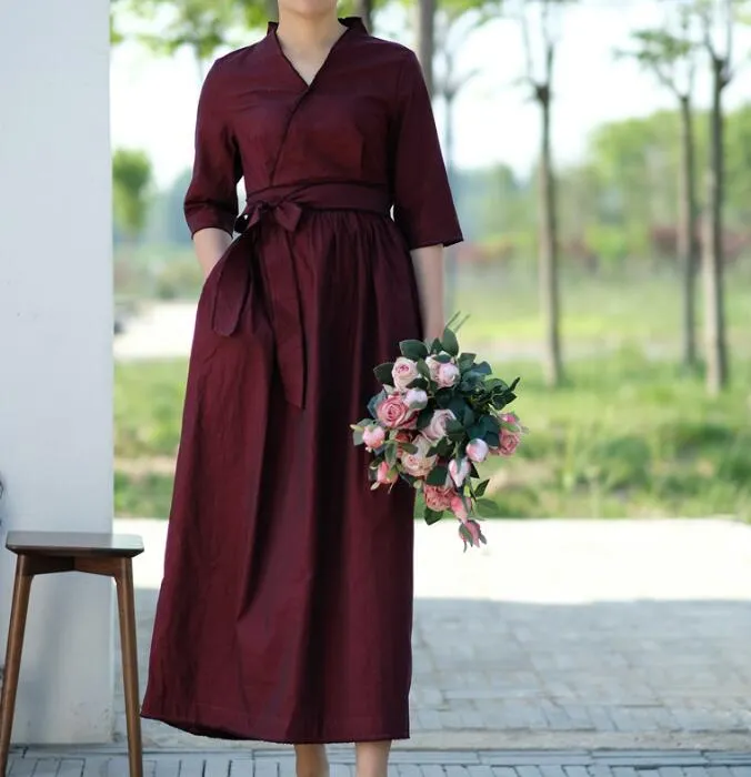 Waist Belt Cotton Half Sleeve Dress Long Women Dress SJP9201229