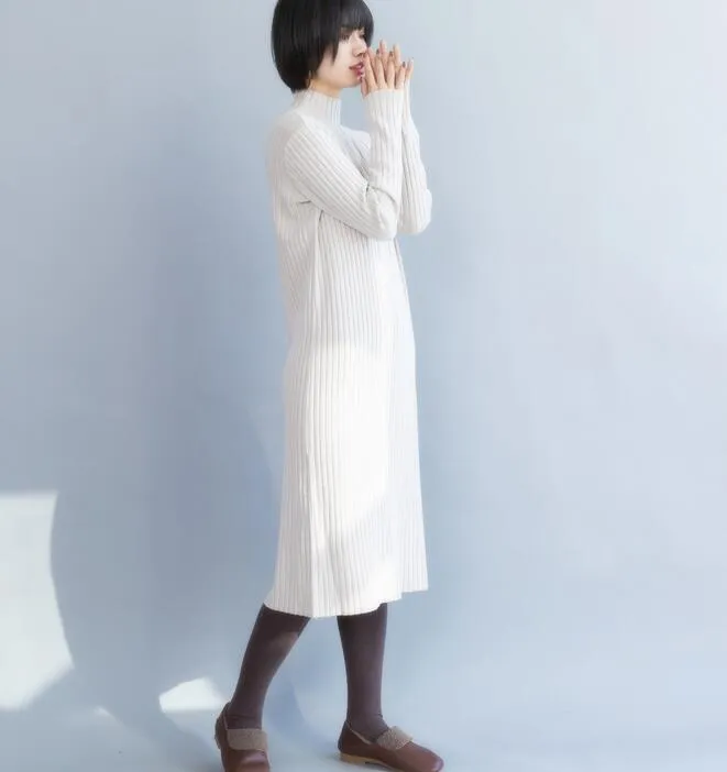 White Knit Long Sleeve High Collar Sweater Spring Dresses