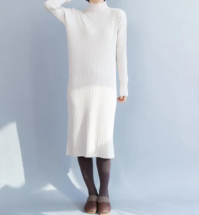 White Knit Long Sleeve High Collar Sweater Spring Dresses