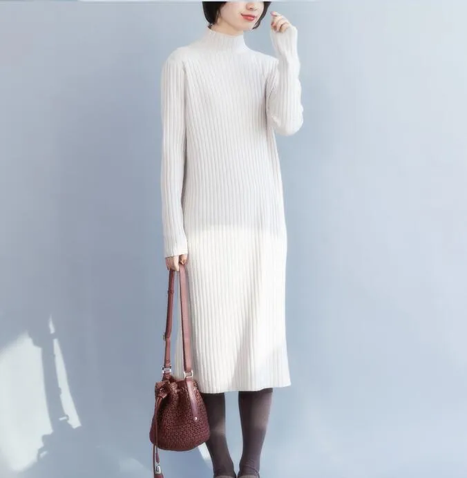 White Knit Long Sleeve High Collar Sweater Spring Dresses