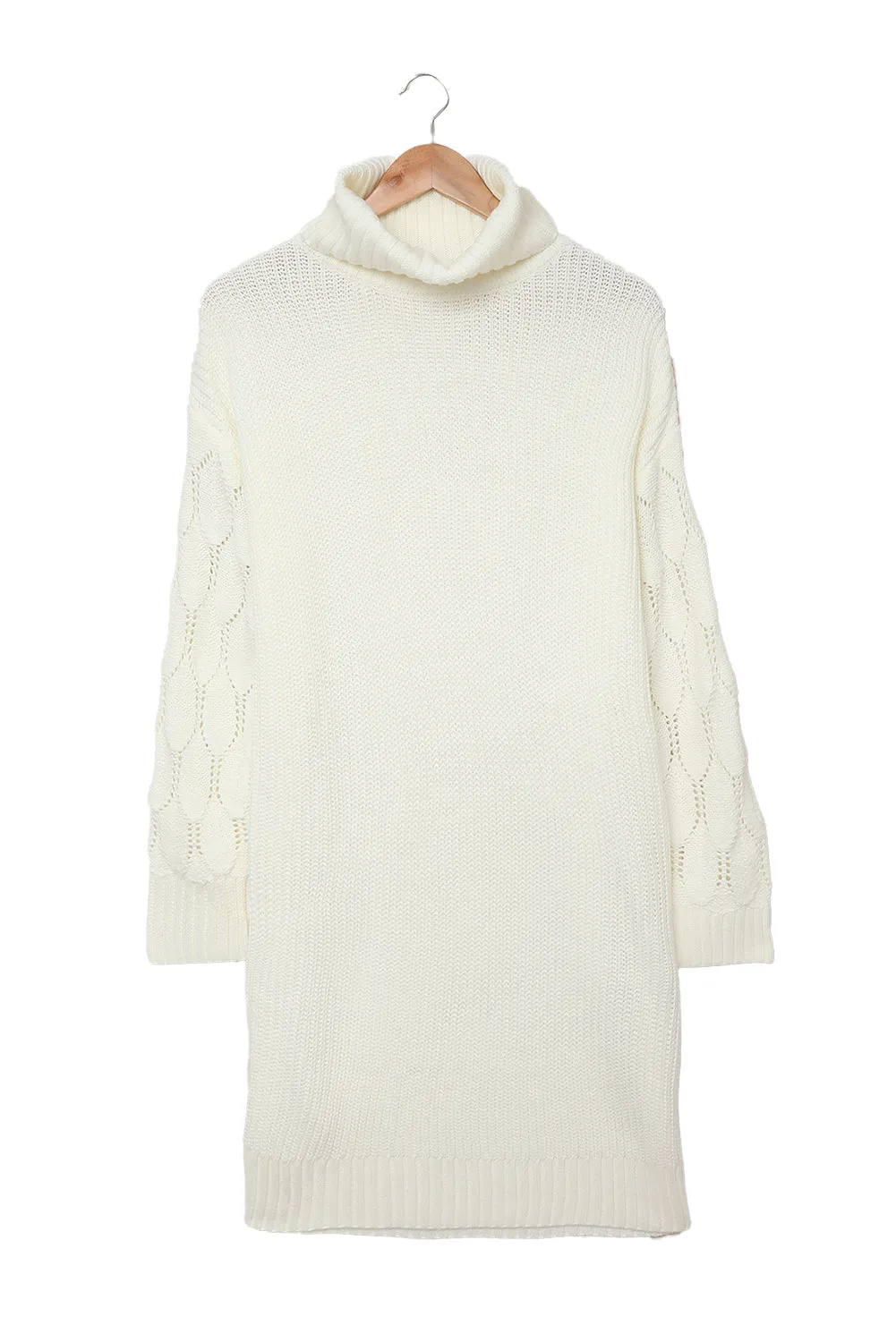 White Plain Turtleneck Sweater Dress with Slits