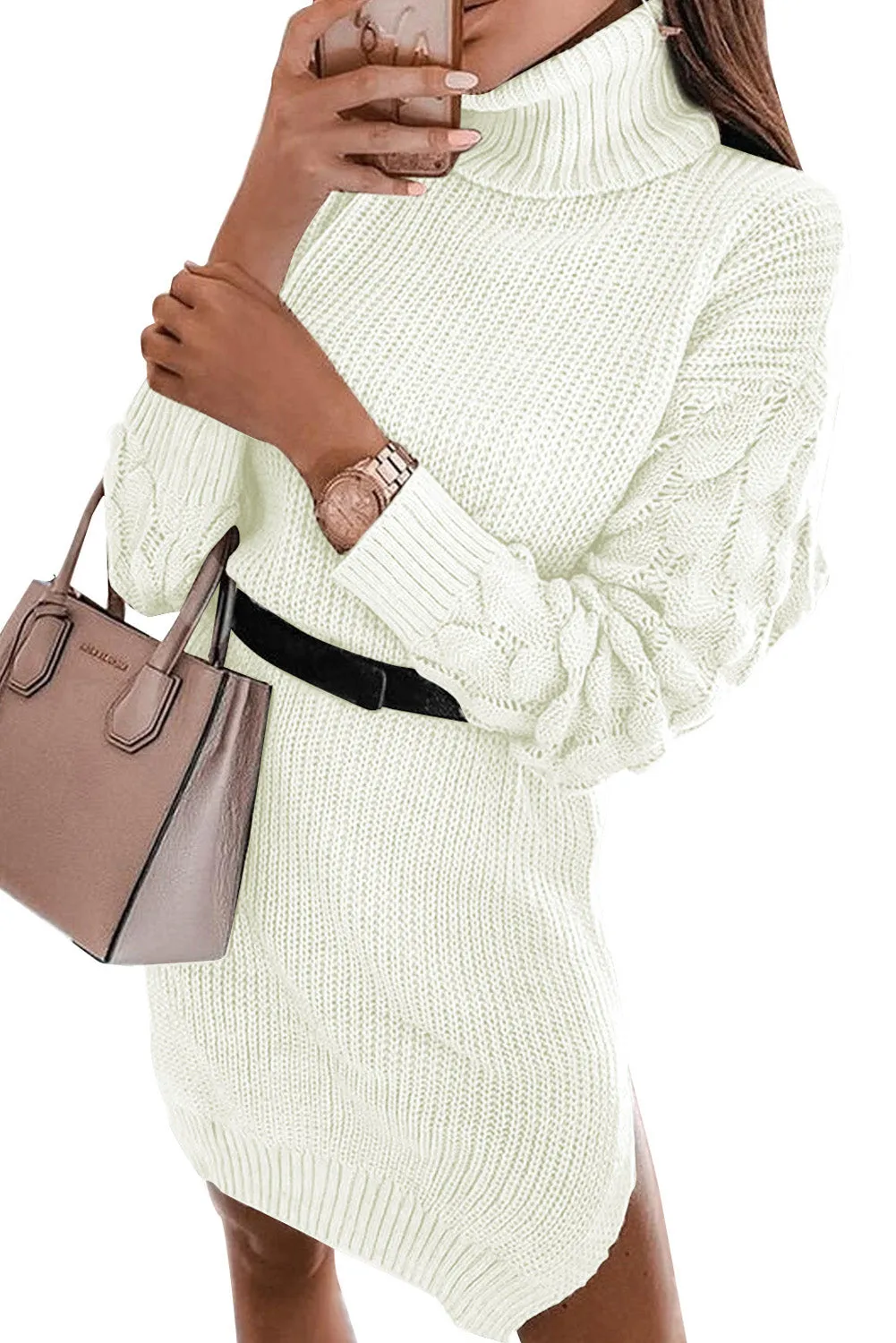 White Plain Turtleneck Sweater Dress with Slits