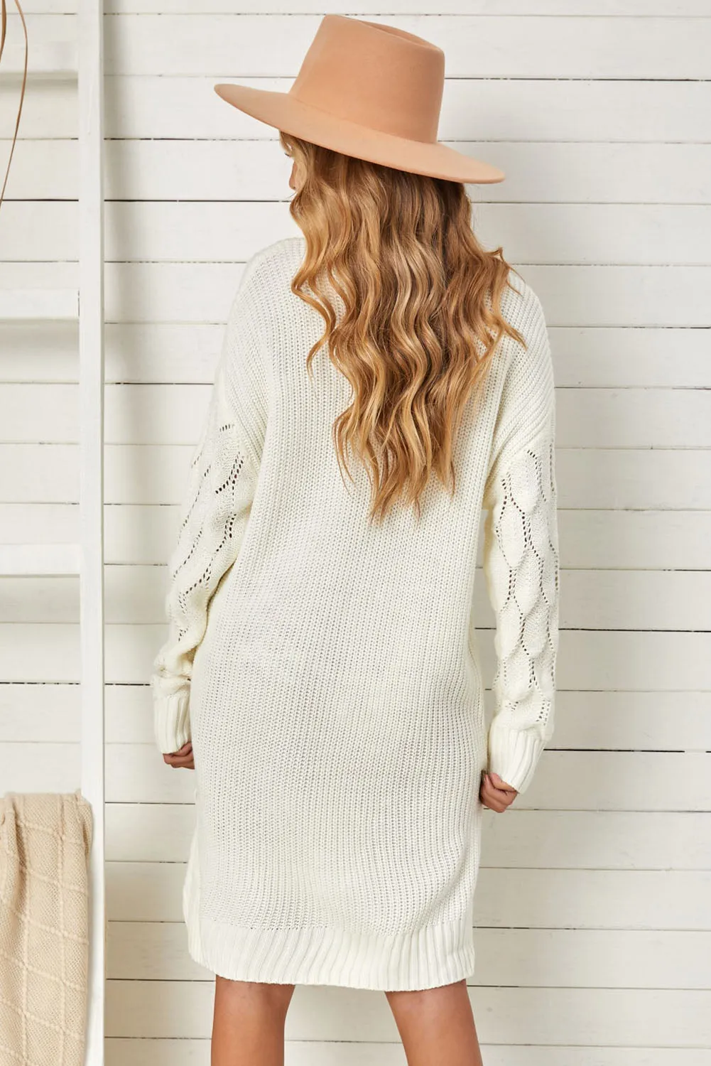 White Plain Turtleneck Sweater Dress with Slits