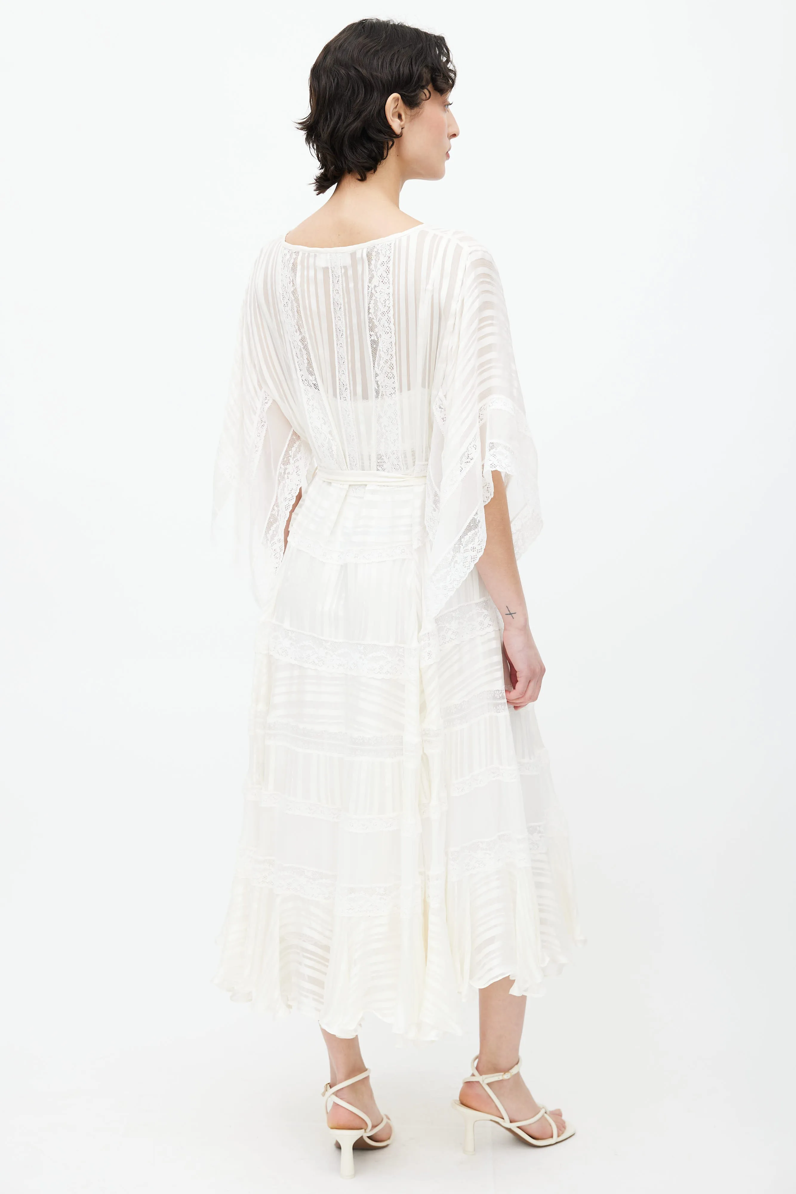 White Sheer Lace Belted Midi Dress