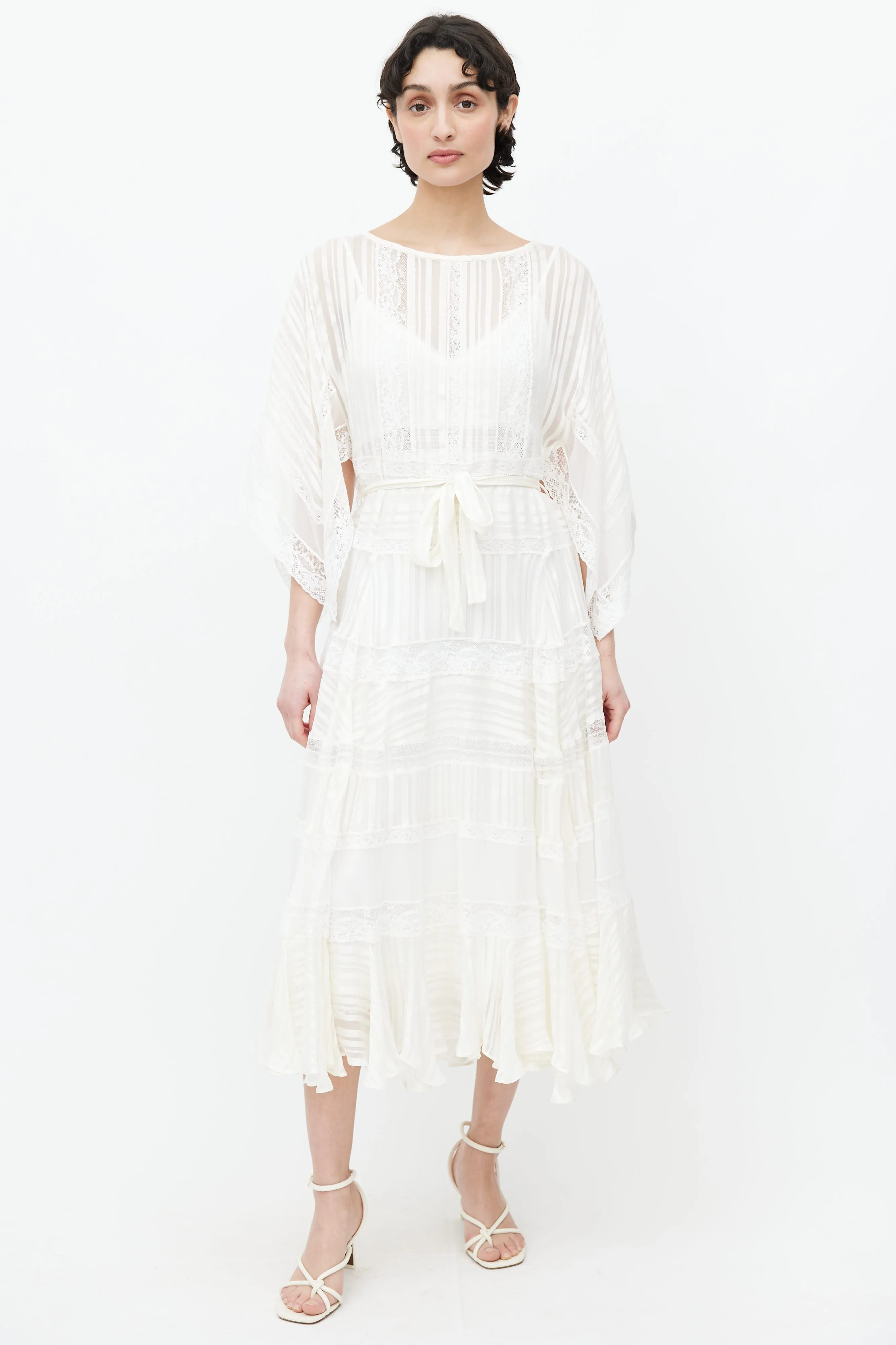 White Sheer Lace Belted Midi Dress