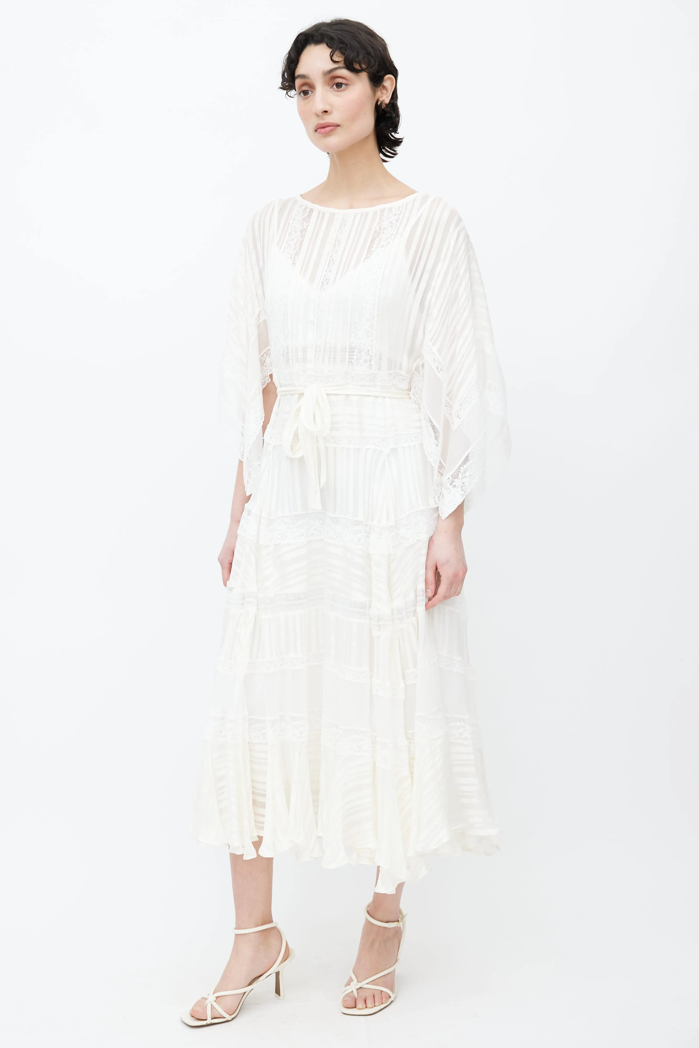 White Sheer Lace Belted Midi Dress