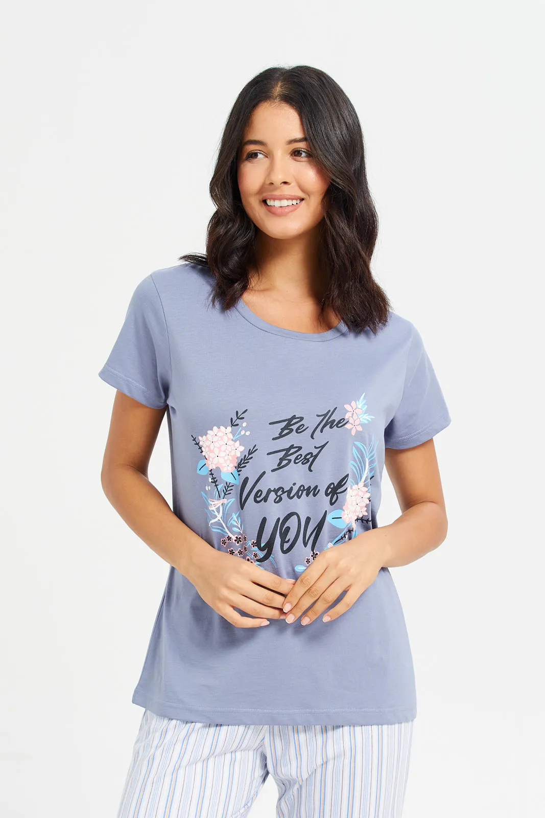 Women Blue Printed T-Shirt And Pants Pyjama Set (2Piece)