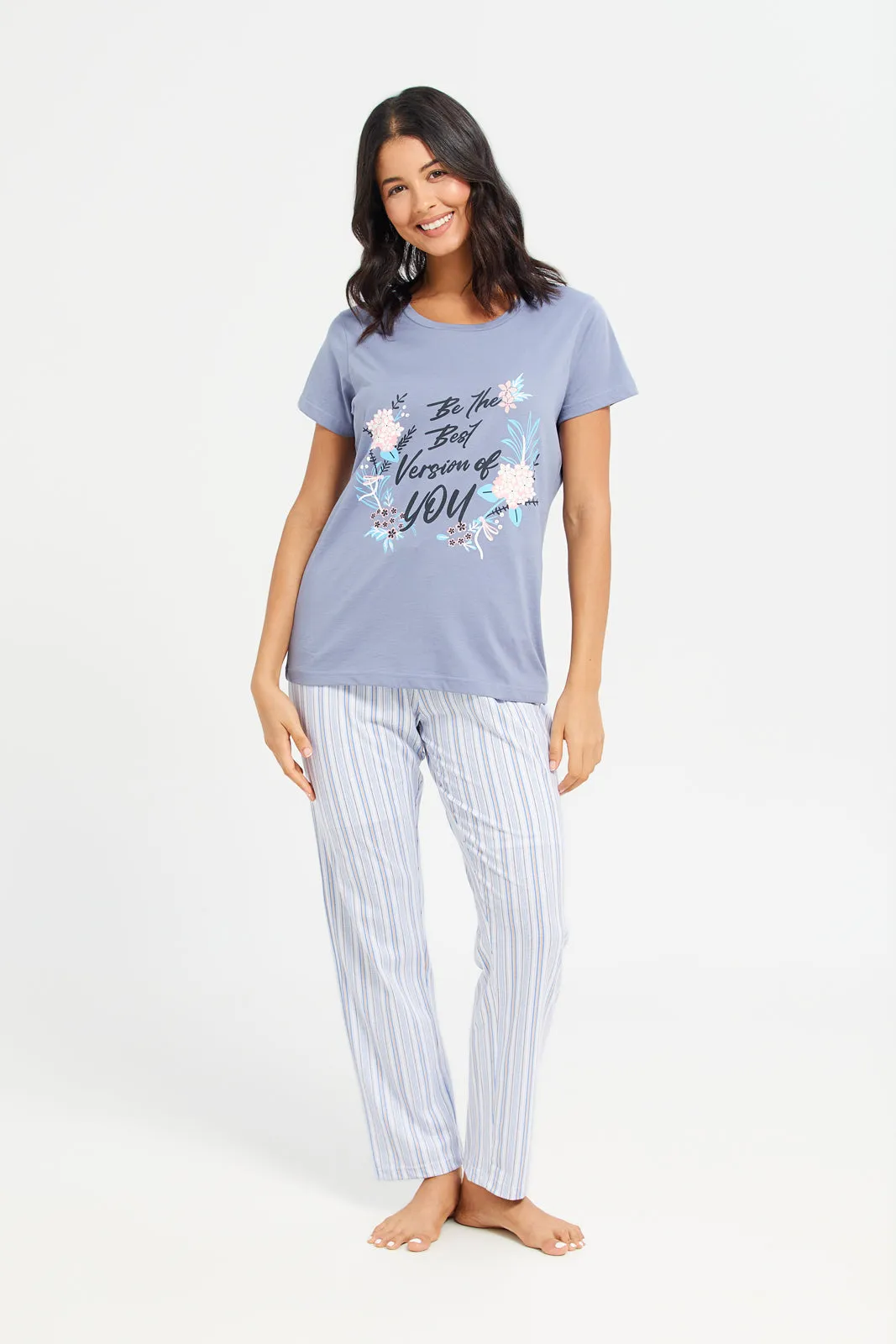 Women Blue Printed T-Shirt And Pants Pyjama Set (2Piece)