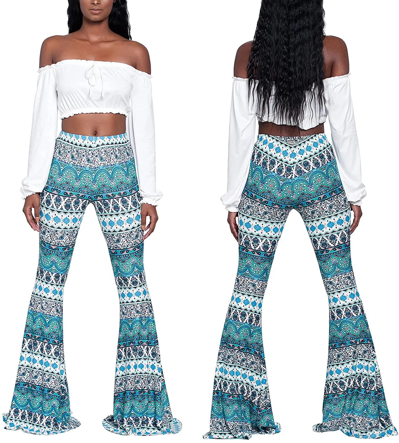 Women Boho Vintage Stretchy Bell Bottom High Waist Flare Pants Hippie Baggy Wide Leg Palazzo Trousers