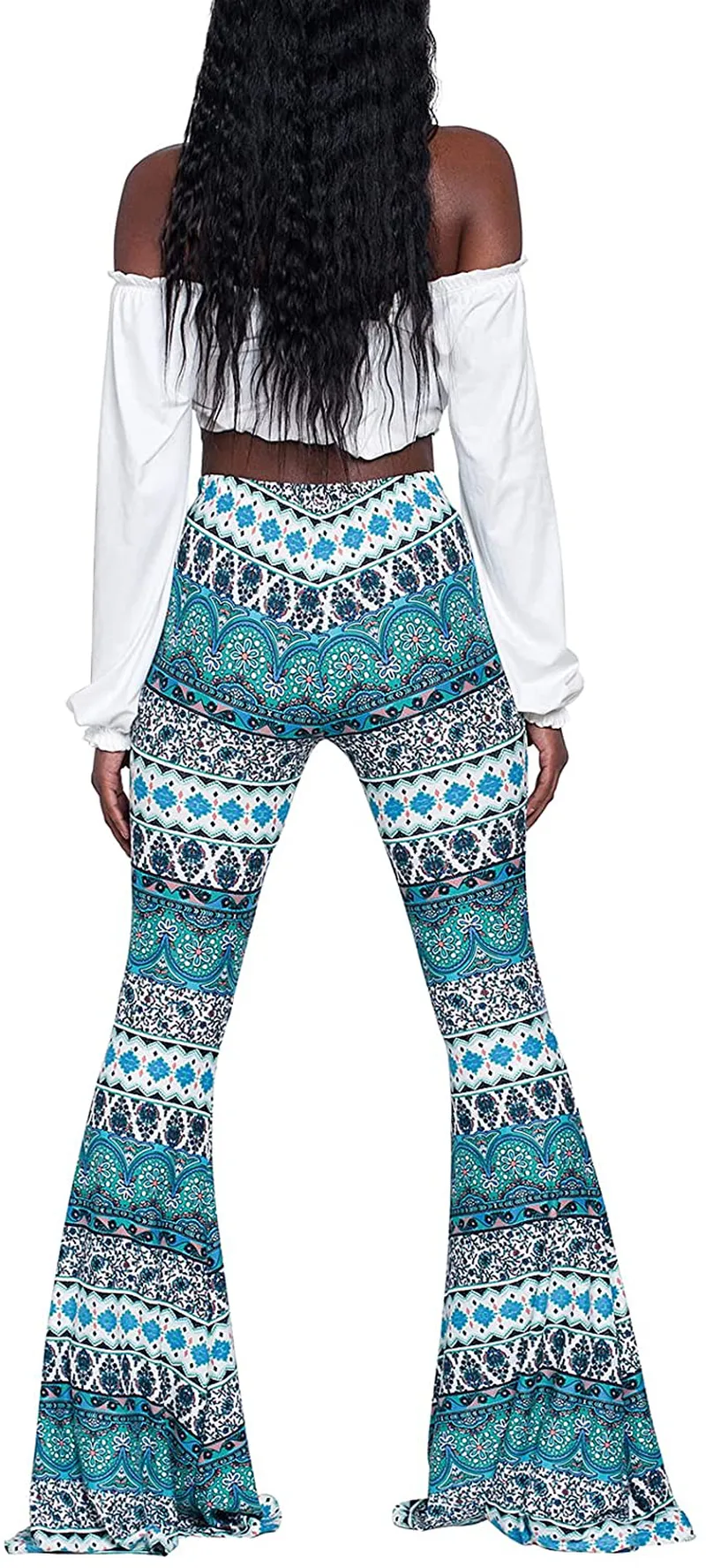 Women Boho Vintage Stretchy Bell Bottom High Waist Flare Pants Hippie Baggy Wide Leg Palazzo Trousers