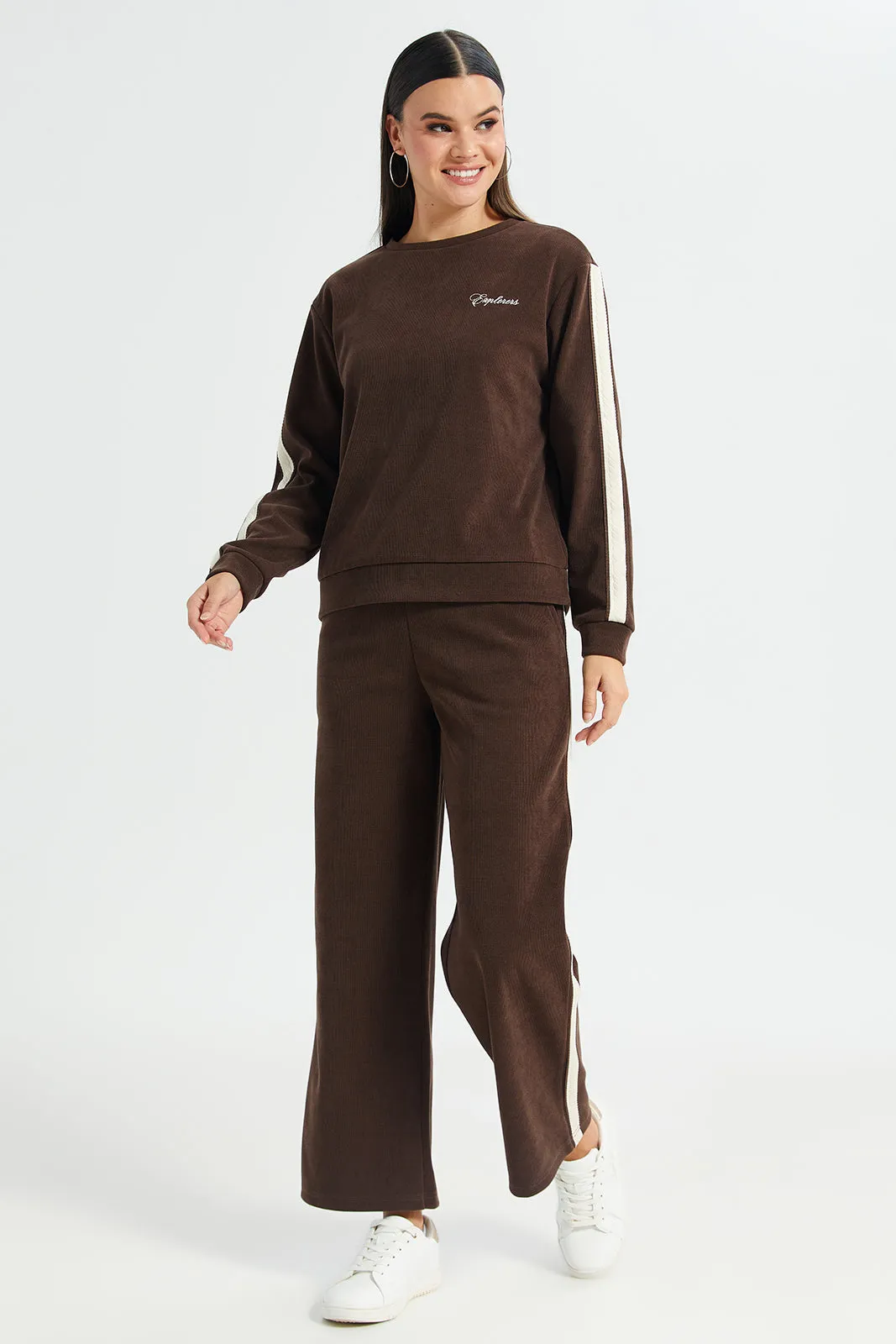 Women Brown Contrast Tape Wide Leg Pants