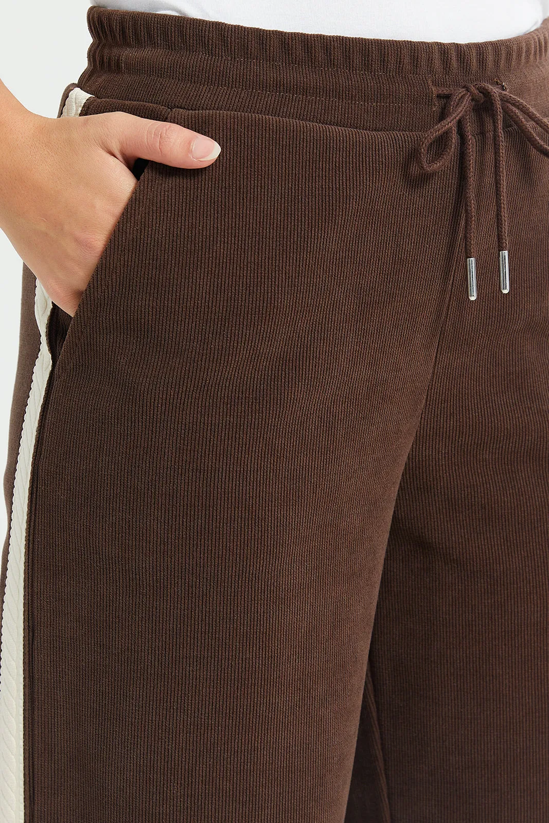 Women Brown Contrast Tape Wide Leg Pants