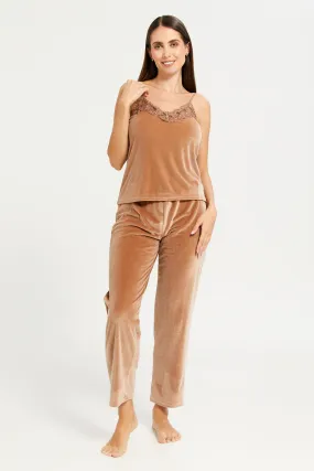 Women Brown Lace Velour Long Pants Cami Set(2 Piece)