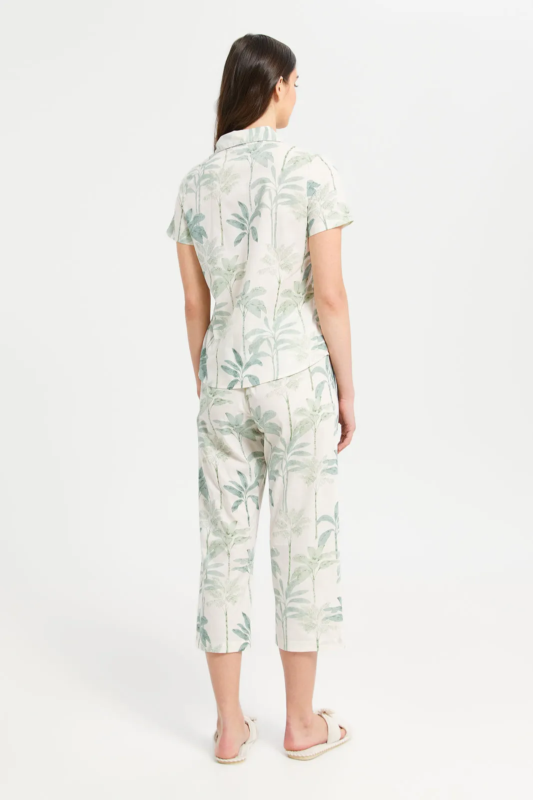 Women Green Floral Cotton Satin Pyjama Set (2 Piece)