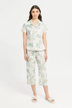 Women Green Floral Cotton Satin Pyjama Set (2 Piece)