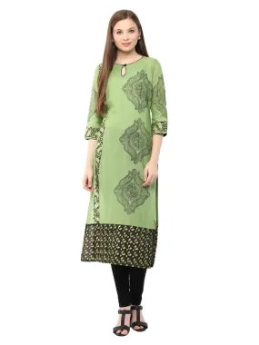 Women Pastel Green Ajrakh Hand Blocked Boat Neck Cotton Kurta - Inayat