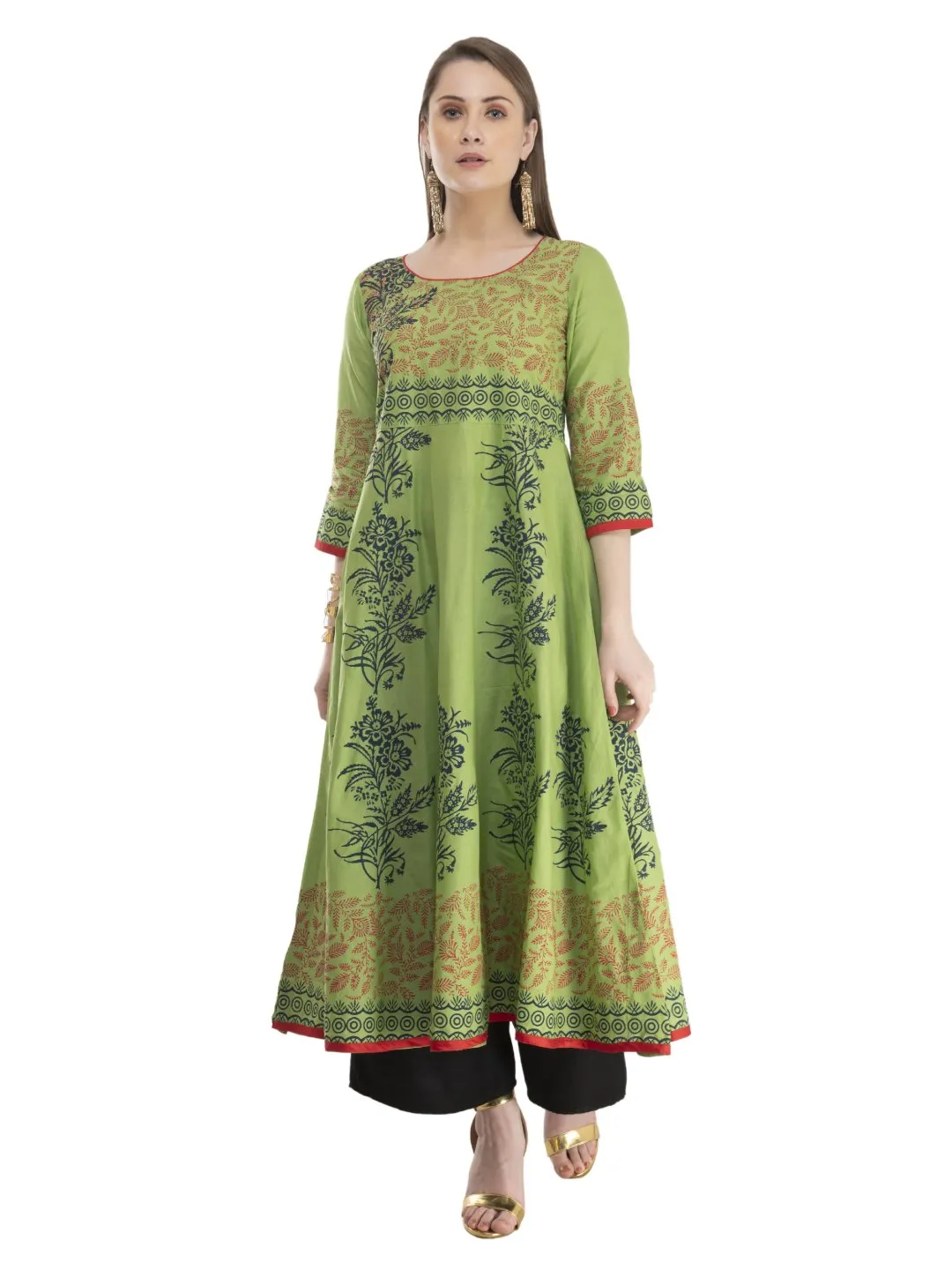 Women Pastel Green Minimal Cotton Anarkali With Ajrakh Hand Block Print