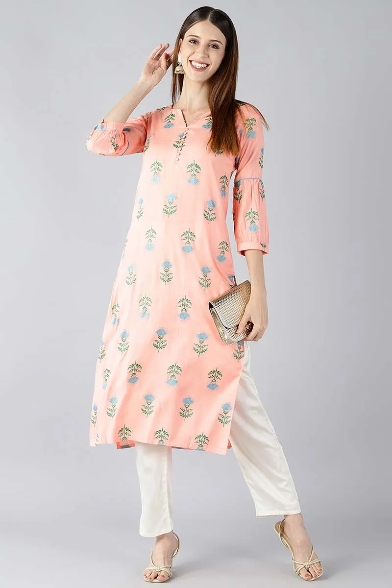 Women Peach Coloured & Blue Printed Straight Kurta