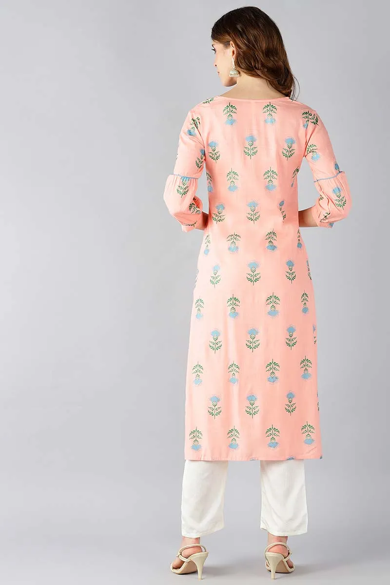 Women Peach Coloured & Blue Printed Straight Kurta