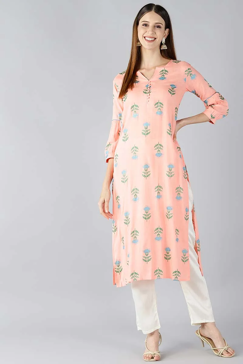 Women Peach Coloured & Blue Printed Straight Kurta