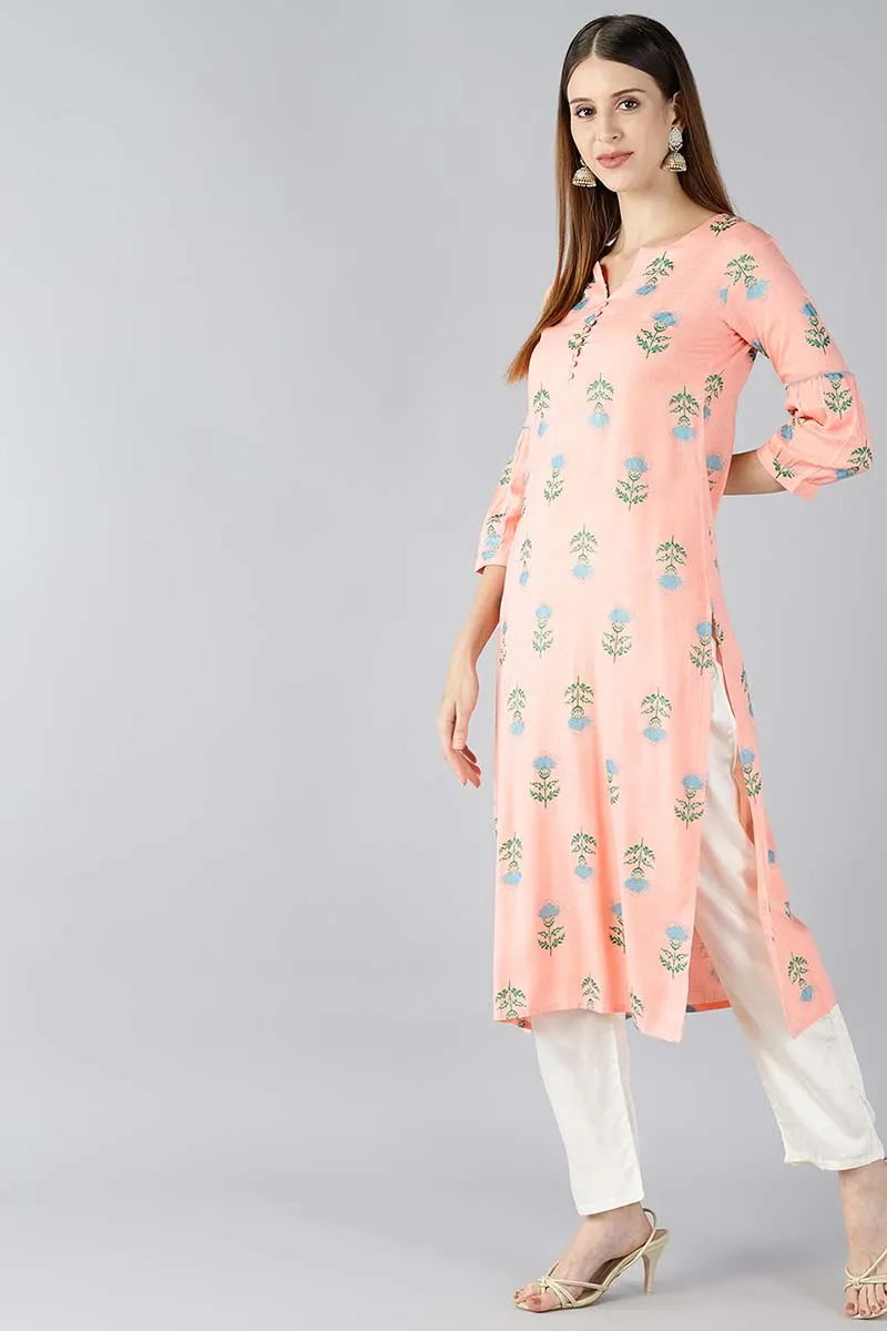 Women Peach Coloured & Blue Printed Straight Kurta