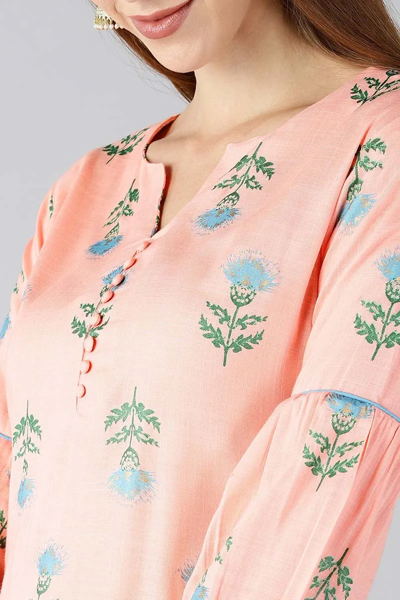 Women Peach Coloured & Blue Printed Straight Kurta