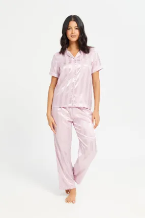 Women Pink Satin Striped Classic Pyjama Set (2 Piece)