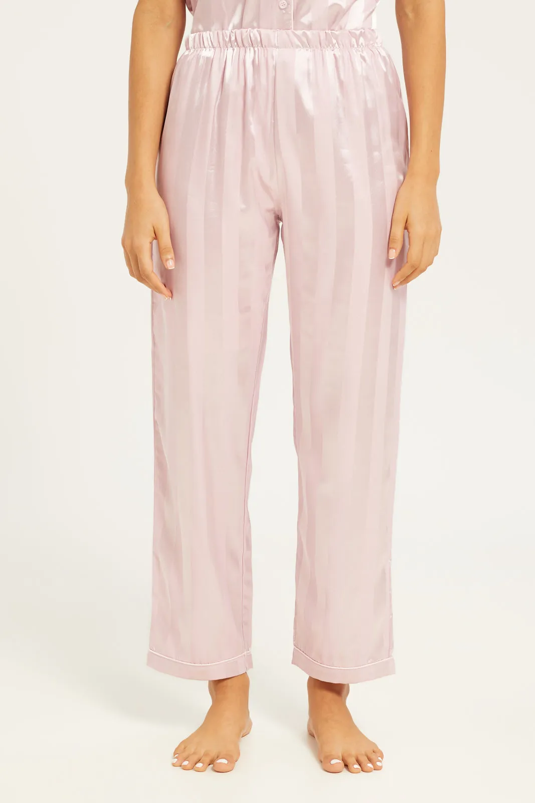 Women Pink Satin Striped Classic Pyjama Set (2 Piece)