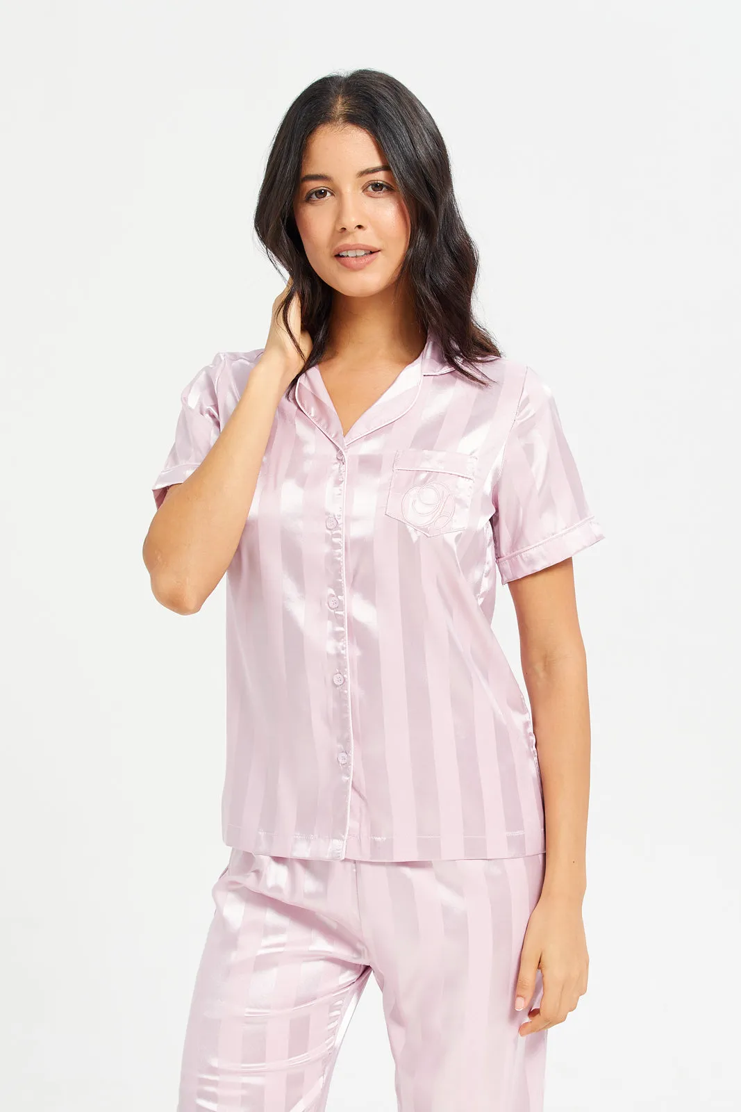 Women Pink Satin Striped Classic Pyjama Set (2 Piece)