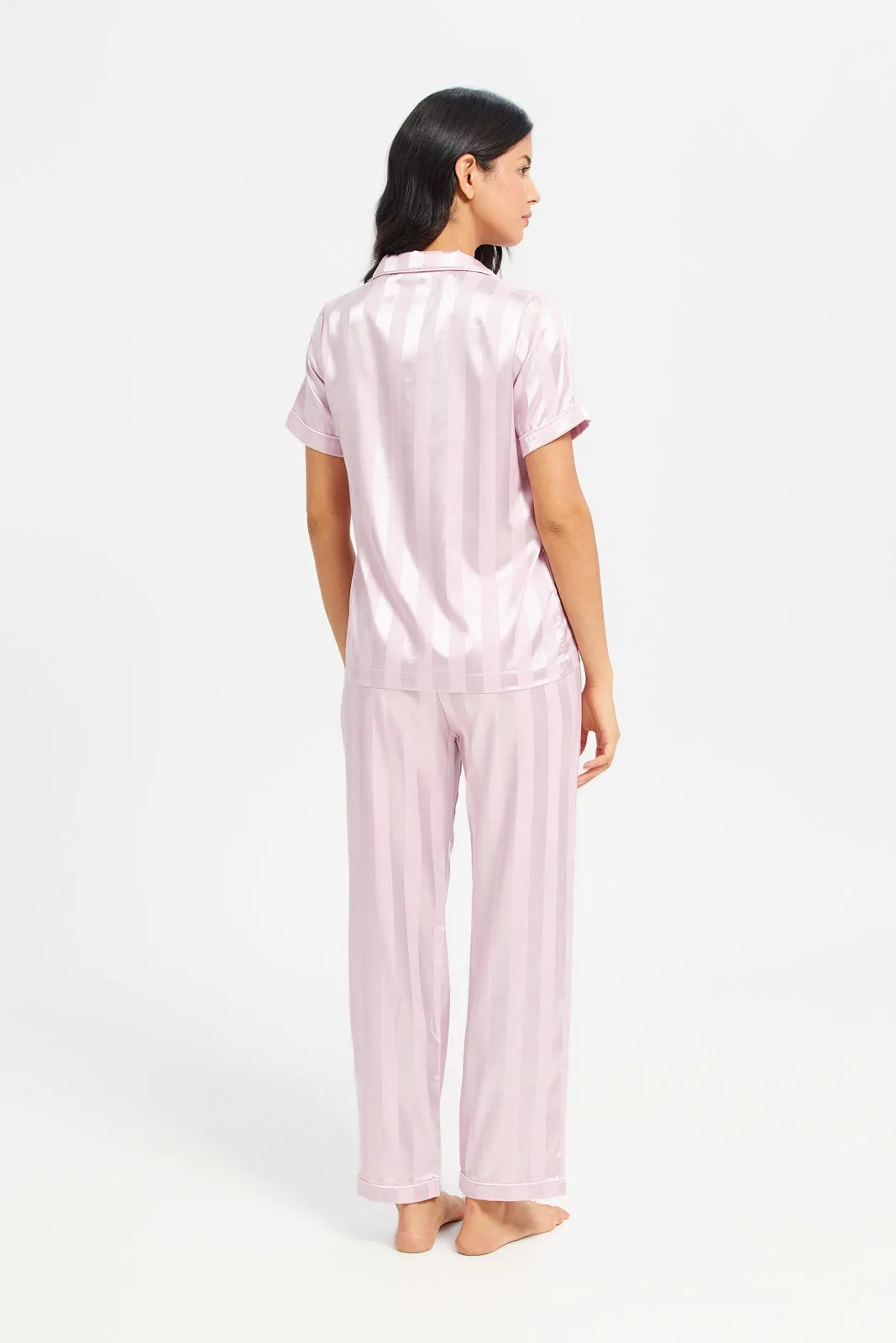 Women Pink Satin Striped Classic Pyjama Set (2 Piece)