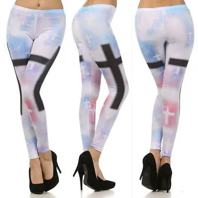 Womens Leggings Cross Pastel Galaxy Cosmic Skinny Stretch Long Length