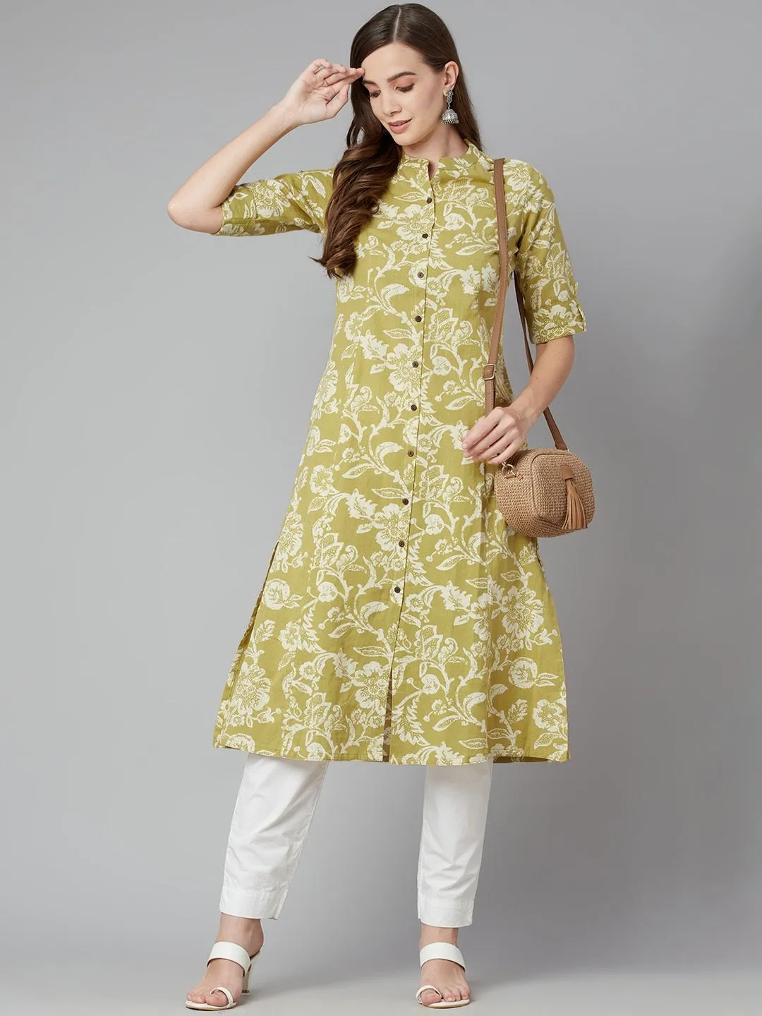 Women'S Pastel Green Cotton Flex A-Line Kurta