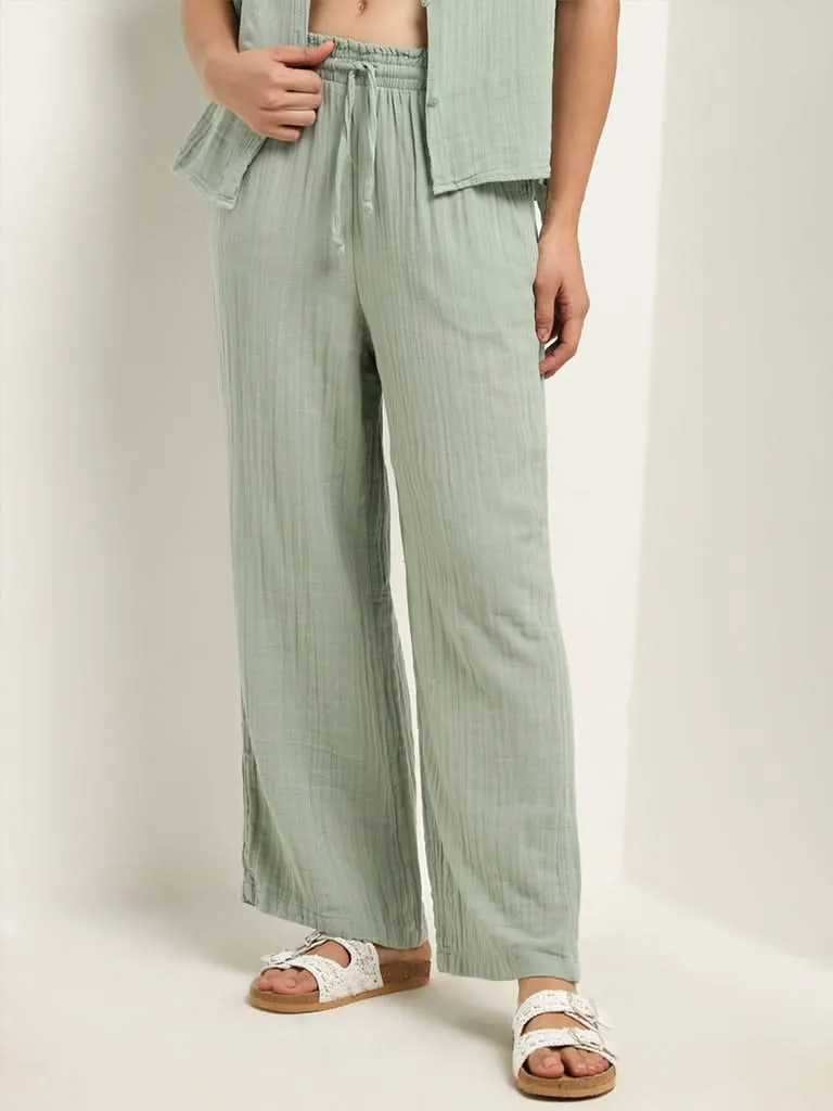 Wunderlove Light Green Crinkled Mid-Rise Beach Cotton Pants