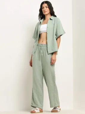 Wunderlove Light Green Crinkled Mid-Rise Beach Cotton Pants