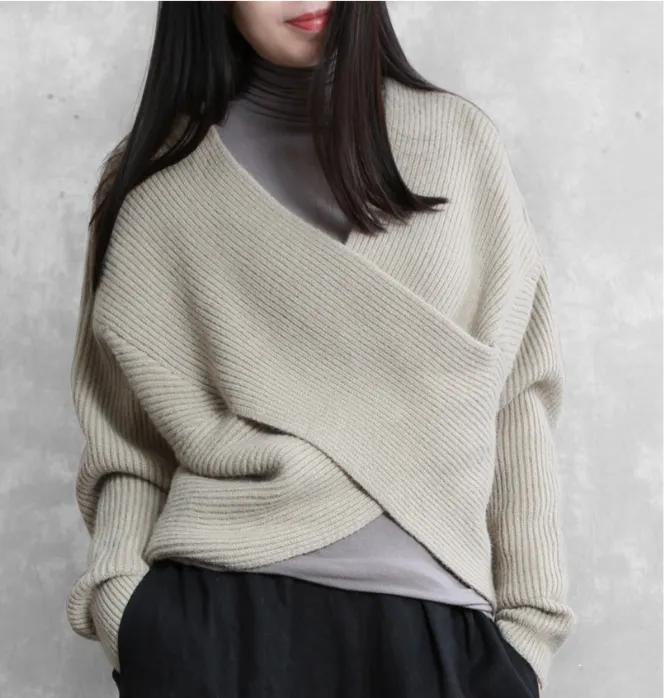 X Style Sleeve loose Style Women Top Woolen Knit Sweater V Neck