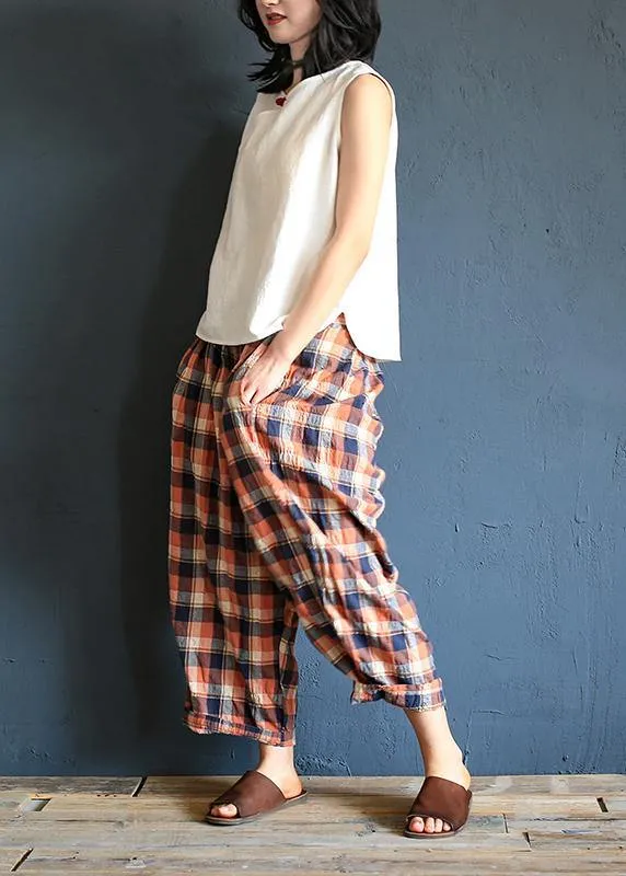 Xia Xin original design cotton and linen pants female loose nine points pants elastic waist