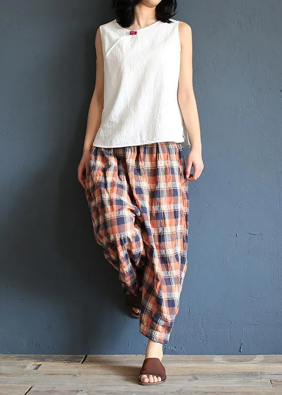 Xia Xin original design cotton and linen pants female loose nine points pants elastic waist