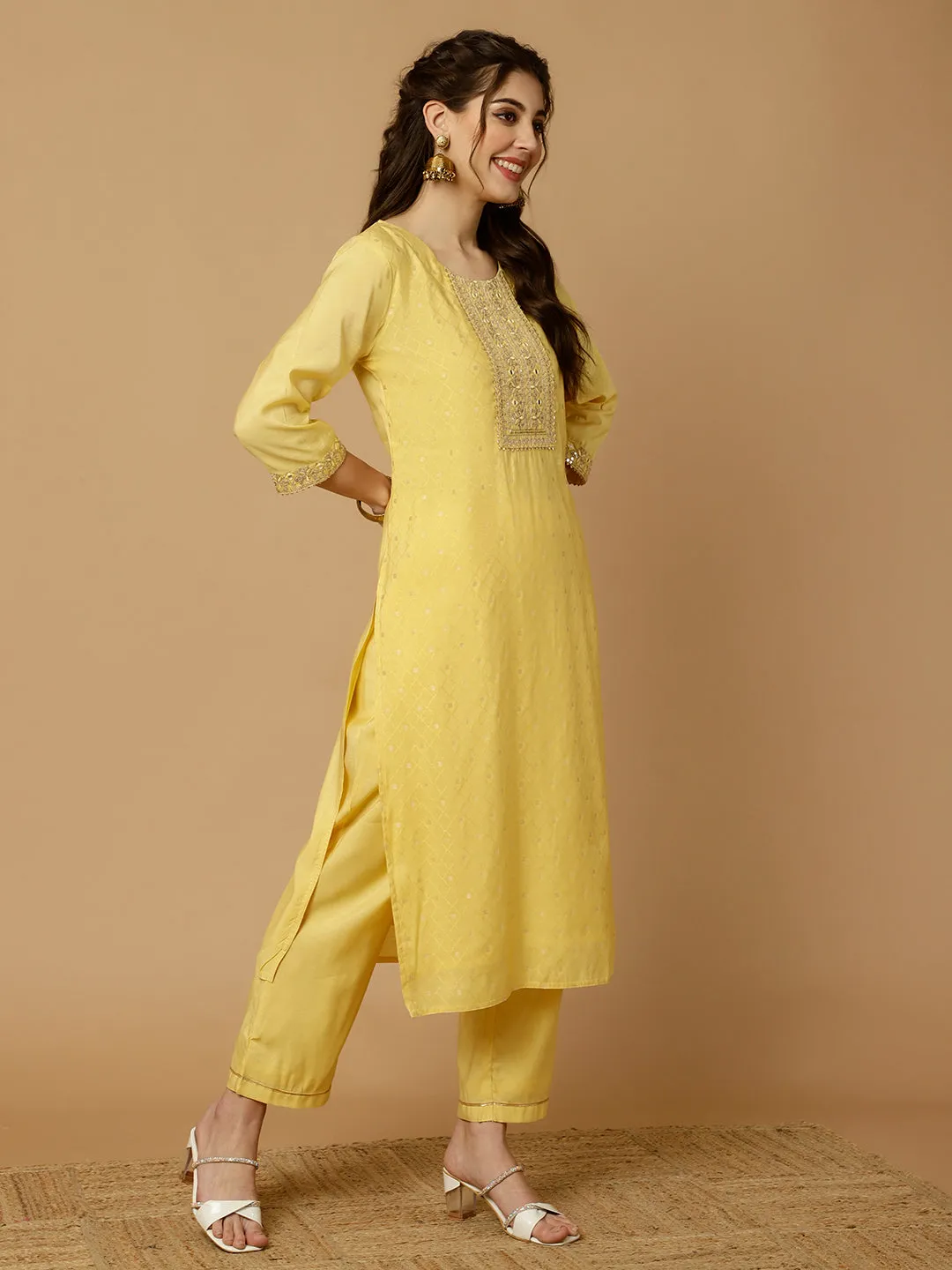 Yellow Mirror Work Chanderi Straight Kurta With Pants And Dupatta