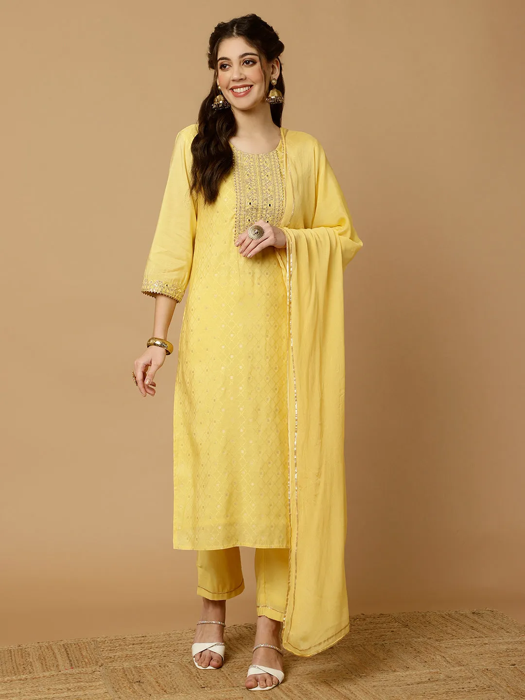 Yellow Mirror Work Chanderi Straight Kurta With Pants And Dupatta