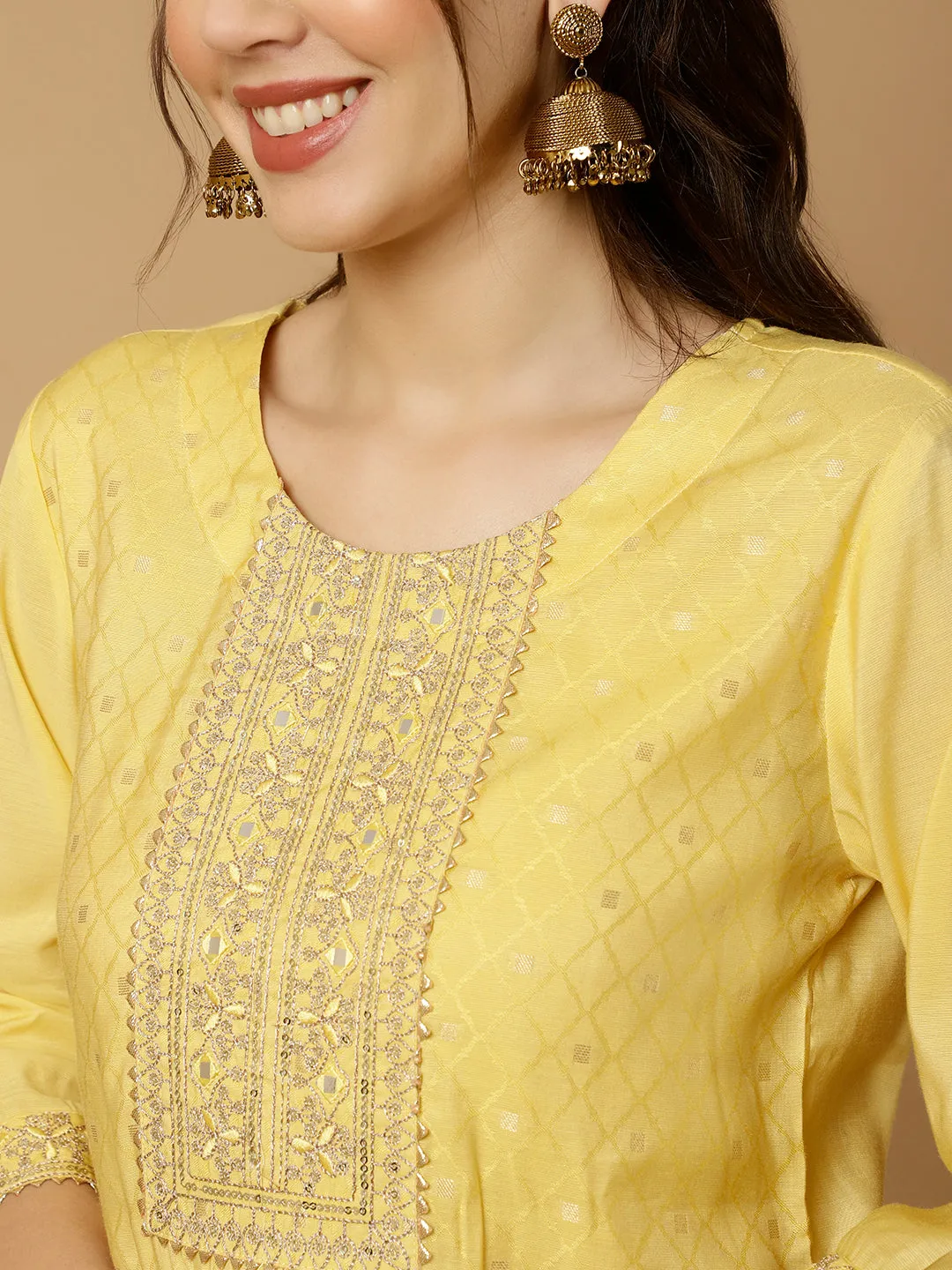 Yellow Mirror Work Chanderi Straight Kurta With Pants And Dupatta