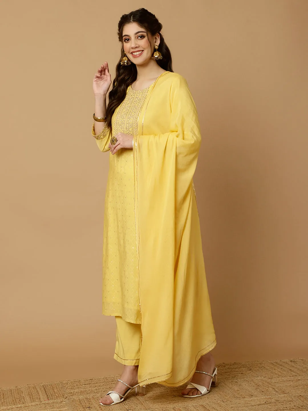 Yellow Mirror Work Chanderi Straight Kurta With Pants And Dupatta