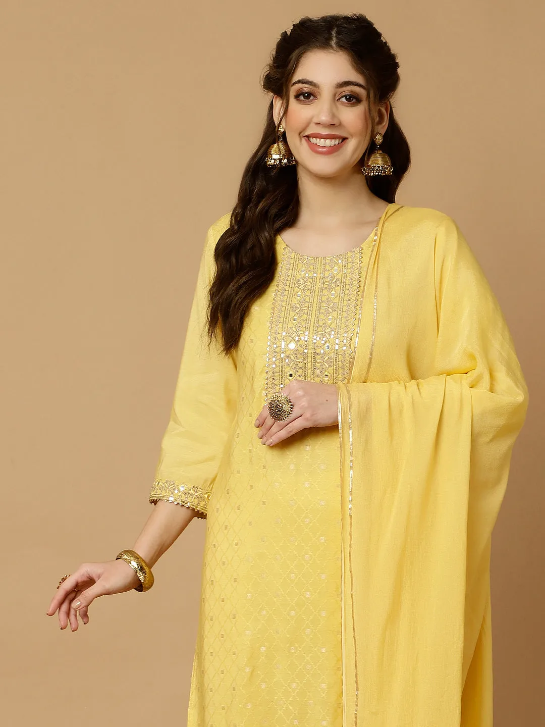 Yellow Mirror Work Chanderi Straight Kurta With Pants And Dupatta