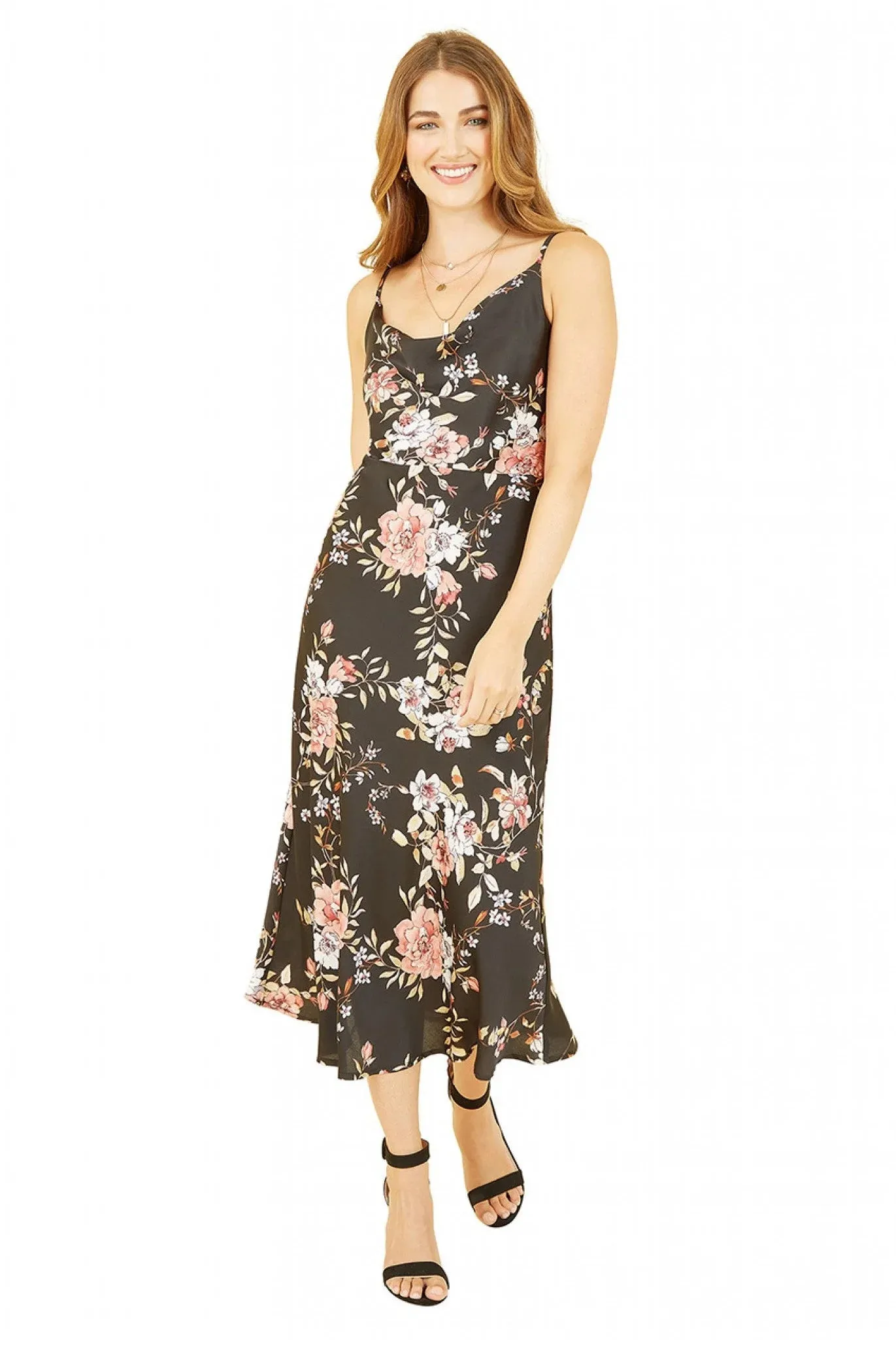 Yumi Black Satin Floral Cowl Neck Slip Dress